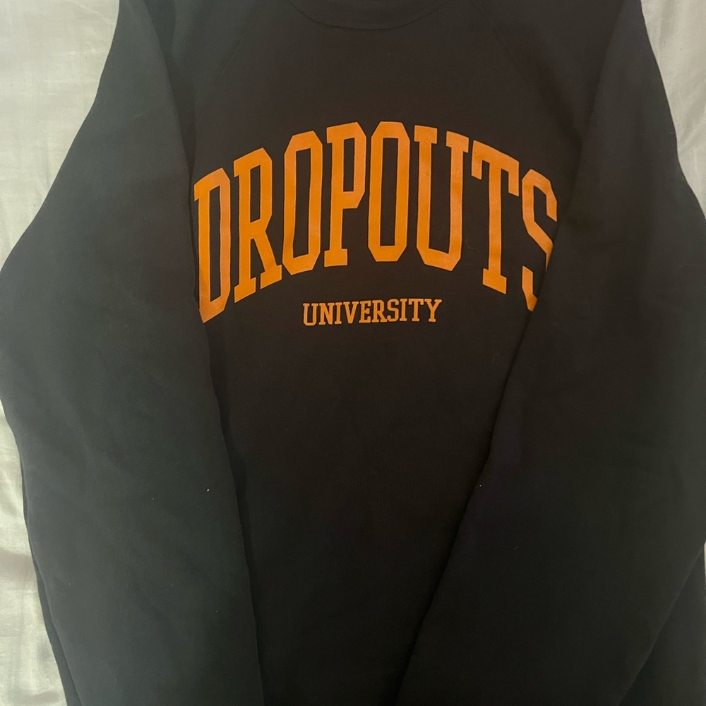 Black Sweatshirt with Orange 'DROPOUTS UNIVERSITY' Print